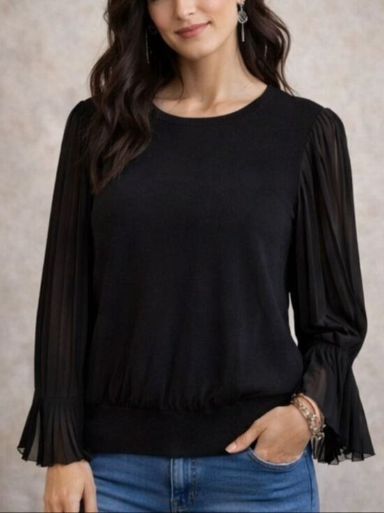 Ralph Lauren Sweaters - Ralph Lauren Black Pleated Long-Sleeve Cuffed Cotton Blend Sweater Top Sz 1X